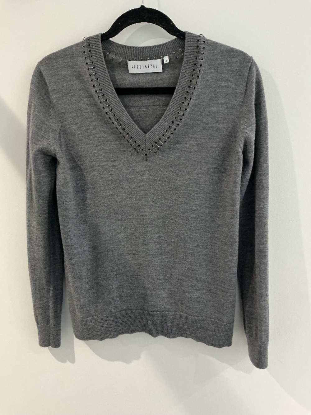 Apostrophe Grey 100% Wool Pierced V-Neck Ring Accent Sweater Size M